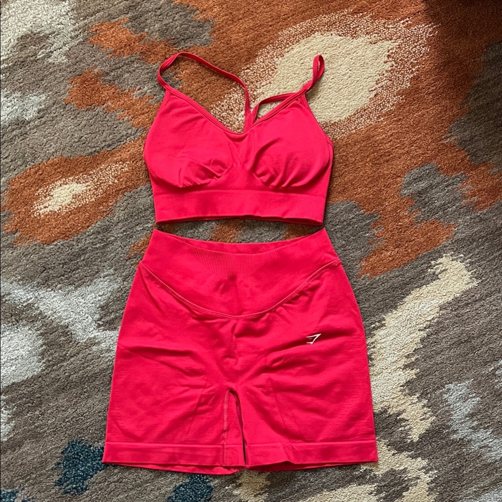 Gymshark Vibrant Red Sports Bra and biker shorts set
